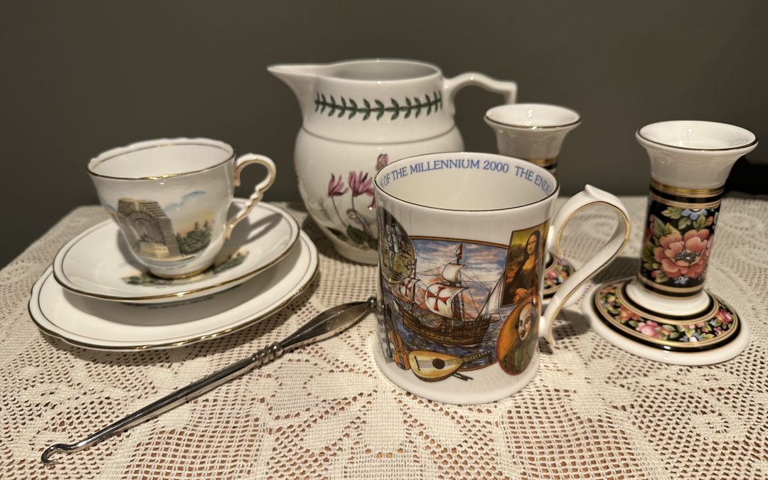 Sneak Peek For The Week – Adie And Lovekin Sterling Silver Button Hook, Wedgwood Clio Pair Of Candlesticks, Royal Stafford Souvenir Trio, Portmeirion Botanic Garden Milk Jug, Aynsley Endeavours Of Mankind Millennium Mug