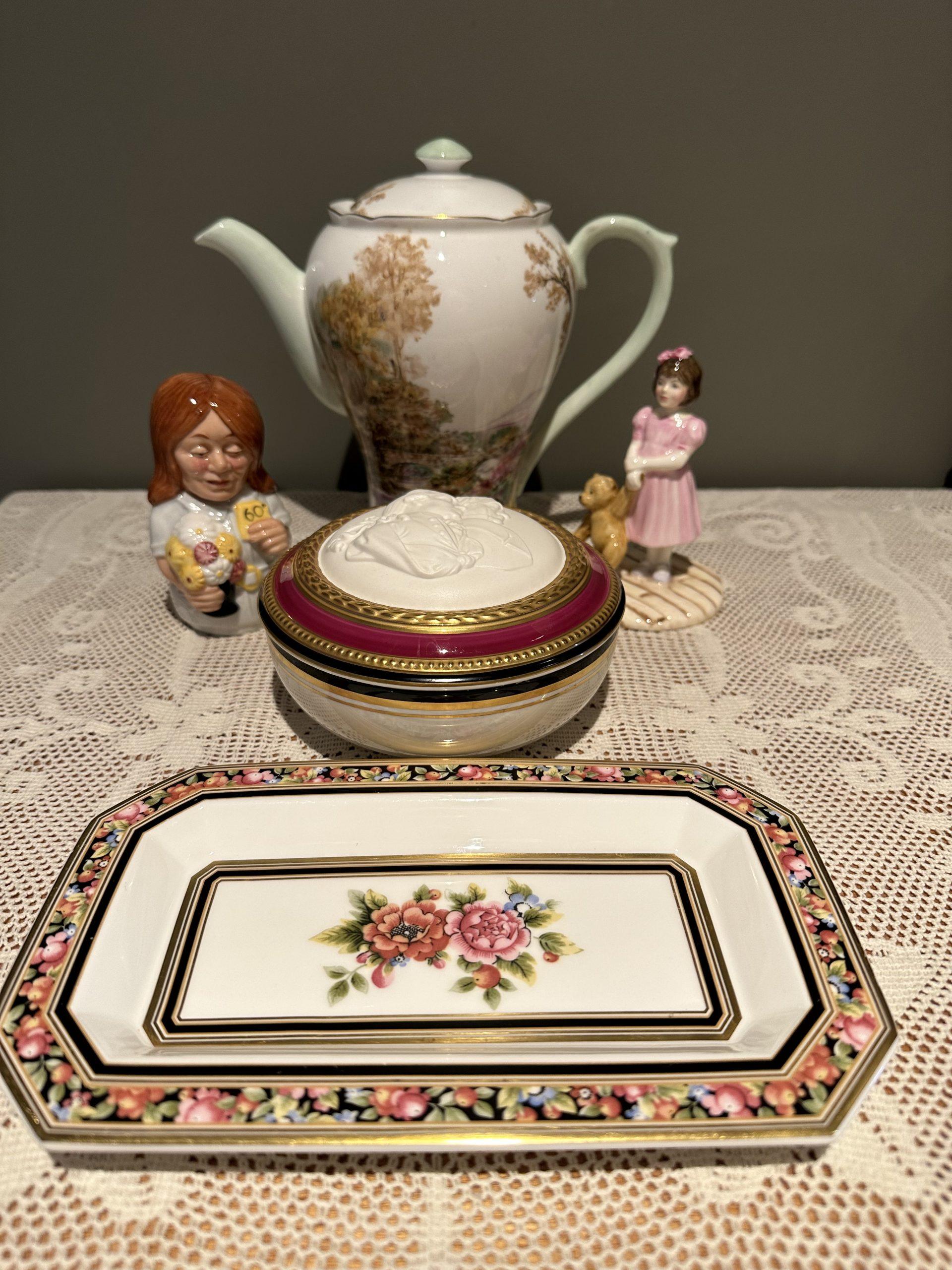 Sneak Peek For The Week – Villeroy Boch Limited Edition Trinket Bowl, Royal Doulton Figurine And Candle Snuffer, Shelley Coffee Pot, And Wedgwood Clio Utility Tray