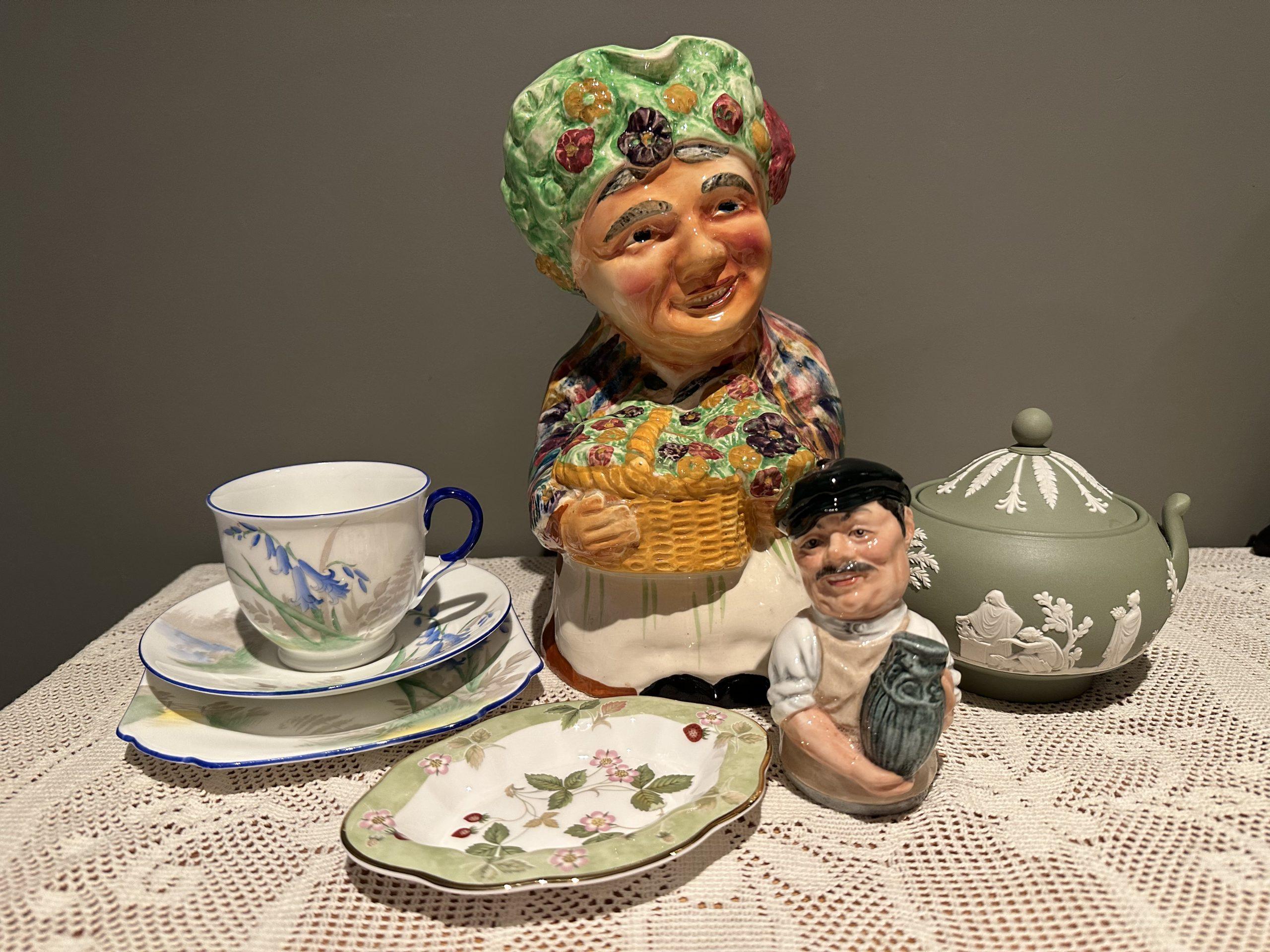 Sneak Peek For The Week – Shorter And Son large Flower Seller Jug, Shelley Bluebell Art Deco Trio, Royal Doulton The Potter Candle Snuffer, Wedgwood Wild Strawberry Trinket Dish, Wedgwood Sage Jasperware Sugar Bowl
