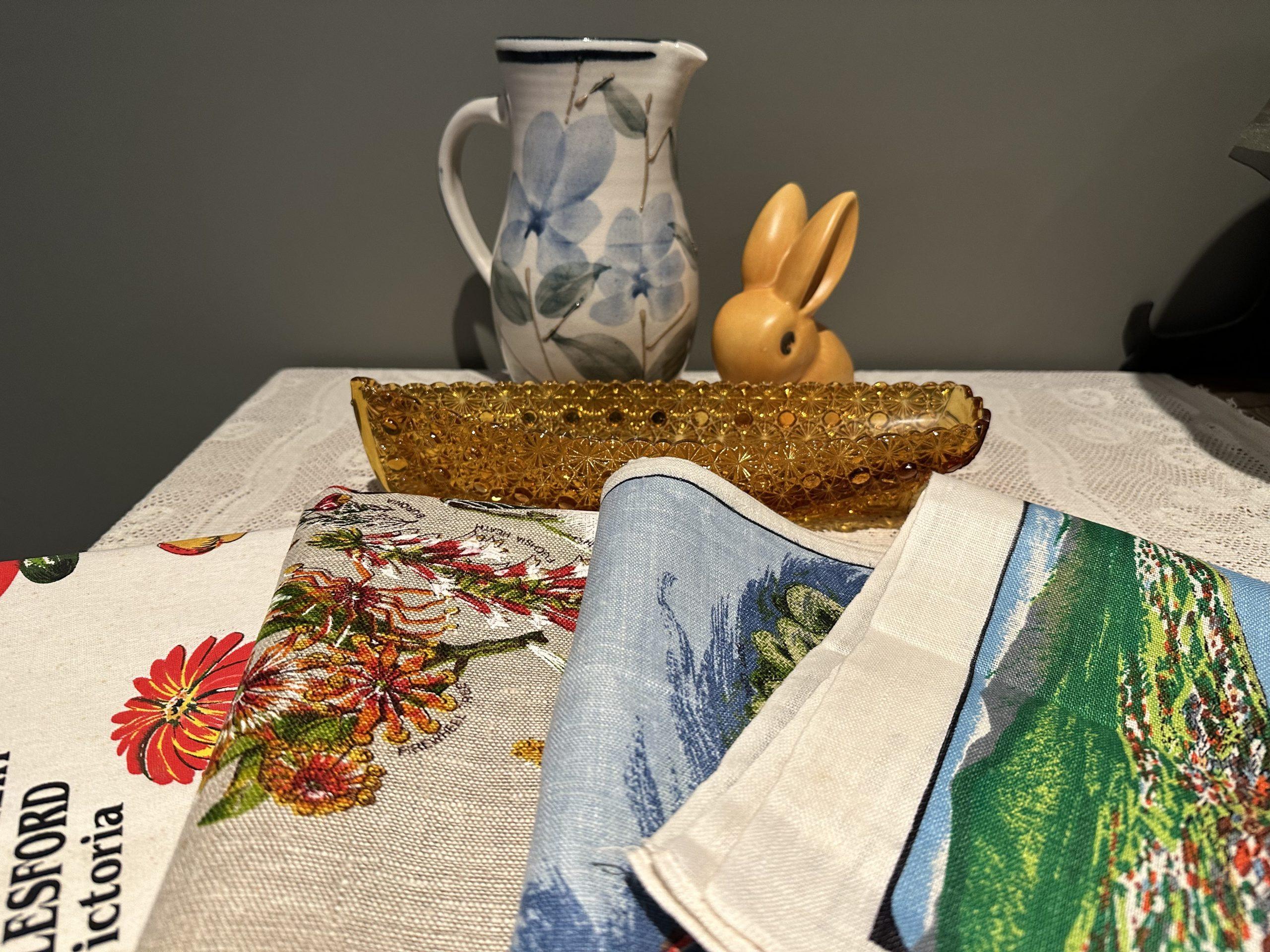 Sneak Peek For The Week – Large Gambles Pottery Jug, Sylvac Bunny Figurine, Antique Amber Glass Grace Darling Daisy And Button Long Celery Dish, And More Lovely Vintage Tea Towels