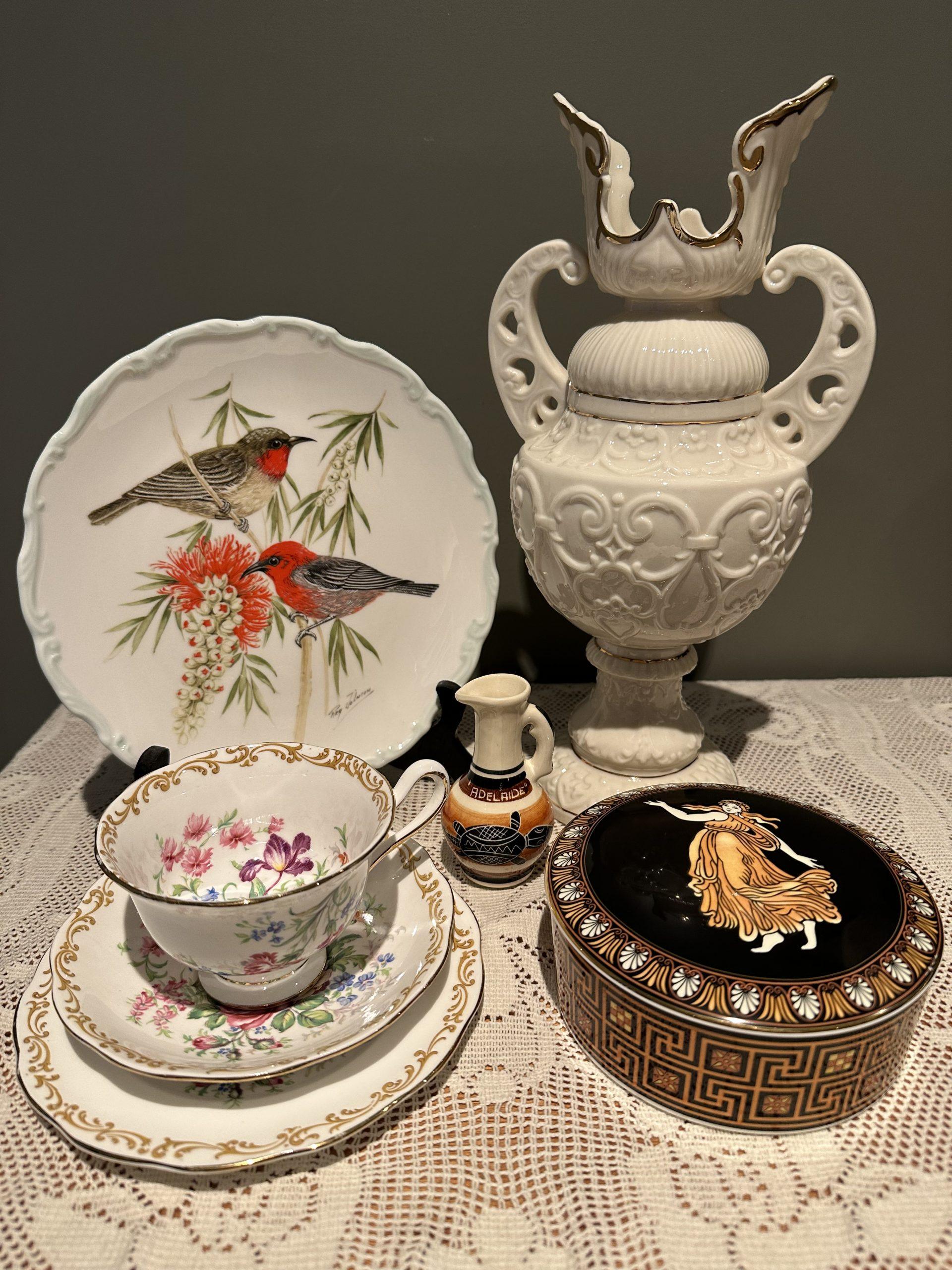Sneak Peek For The Week – Florenz Australian Pottery, Royal Albert Nosegay Trio, Magnificent Belleek Urn Shaped Vase, Wedgwood Anniversary Etruscan Dance Trinket Bowl, Royal Albert Birds Of Australia Display Plate