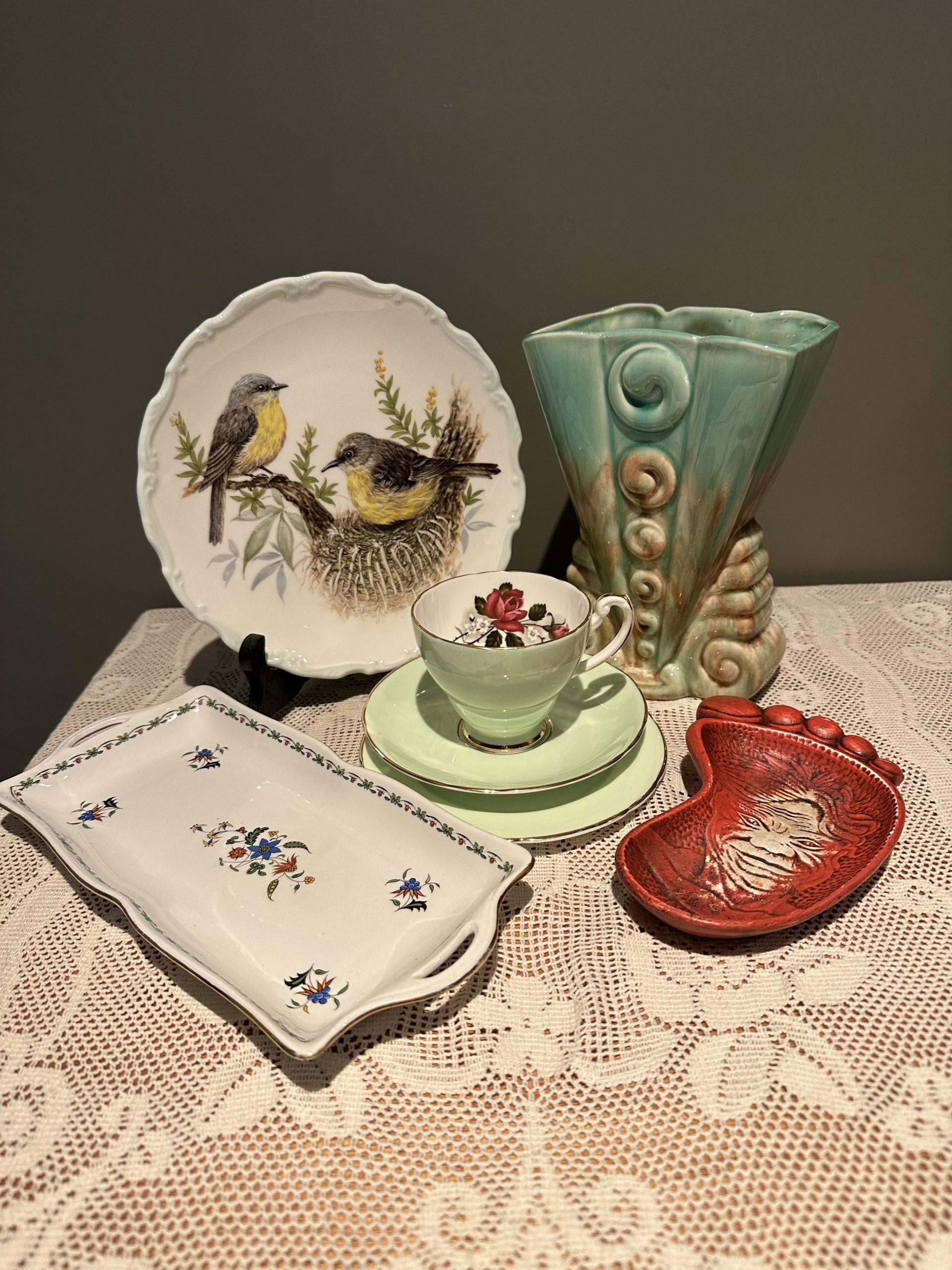 Sneak Peek For The Week – Australian Pottery From Diana And Takacs, Shelley Sandwich Plate, Royal Albert Display Plate, Hammersley Mint Green Trio