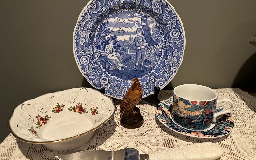 Sneak Peek For The Week – Royal Albert Old Country Roses Bowl And English Buffet Cake Server, Spode Blue Room Woodman Plate And Strawberry Thief Cup And Saucer, And Beswick Miniature Eagle Whisky Decanter