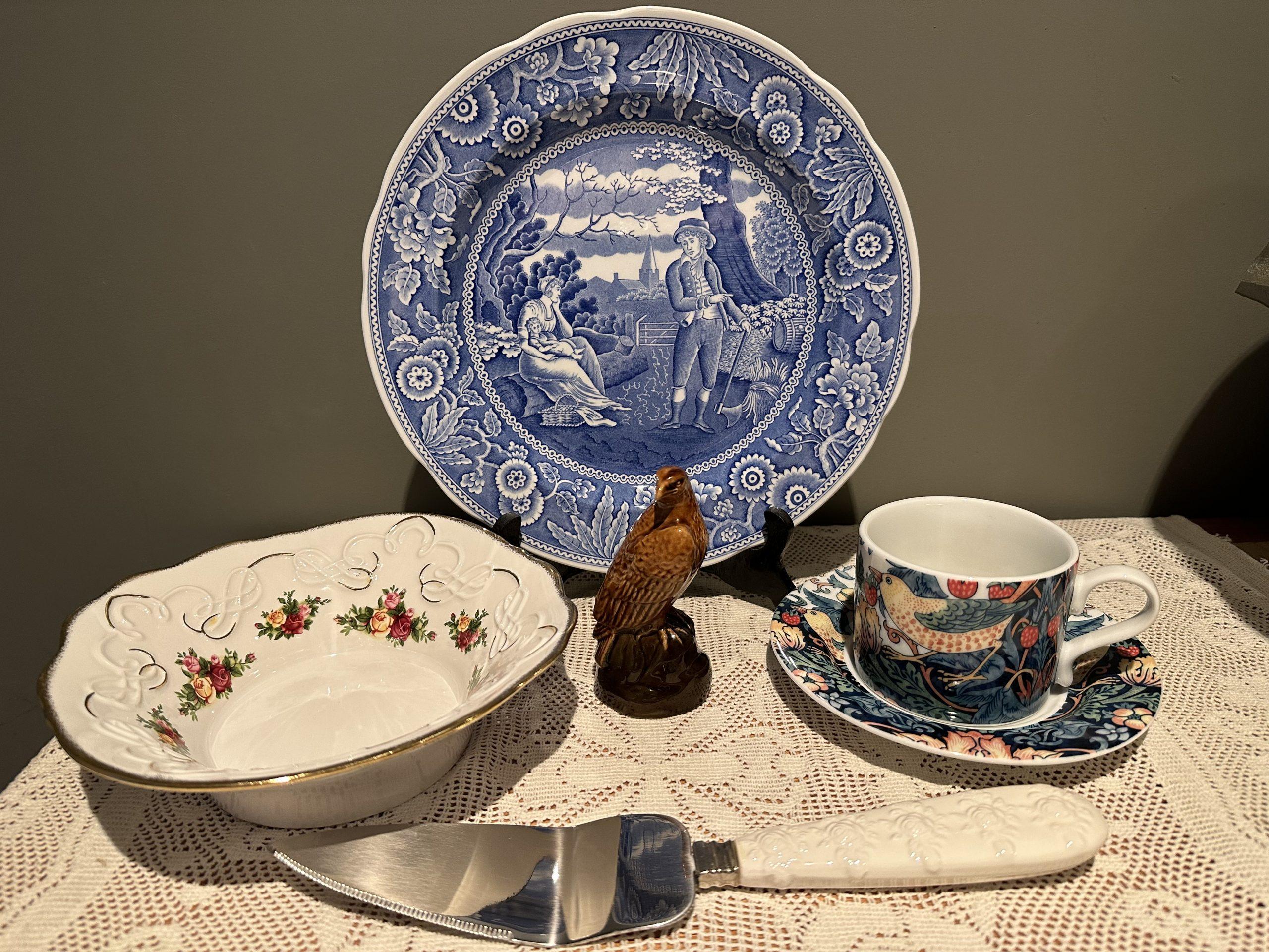 Sneak Peek For The Week – Royal Albert Old Country Roses Bowl And English Buffet Cake Server, Spode Blue Room Woodman Plate And Strawberry Thief Cup And Saucer, And Beswick Miniature Eagle Whisky Decanter