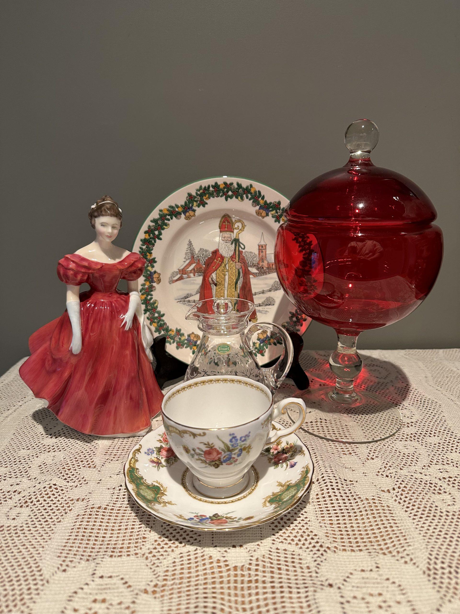 Sneak Peek For The Week – Royal Doulton Winsome Figurine, Small Stuart Crystal Grapevine Lidded Jug, Spode Christmas Plate, Large Ruby Lidded Bonbon Jar, Tuscan Windsor Demitasse Duo