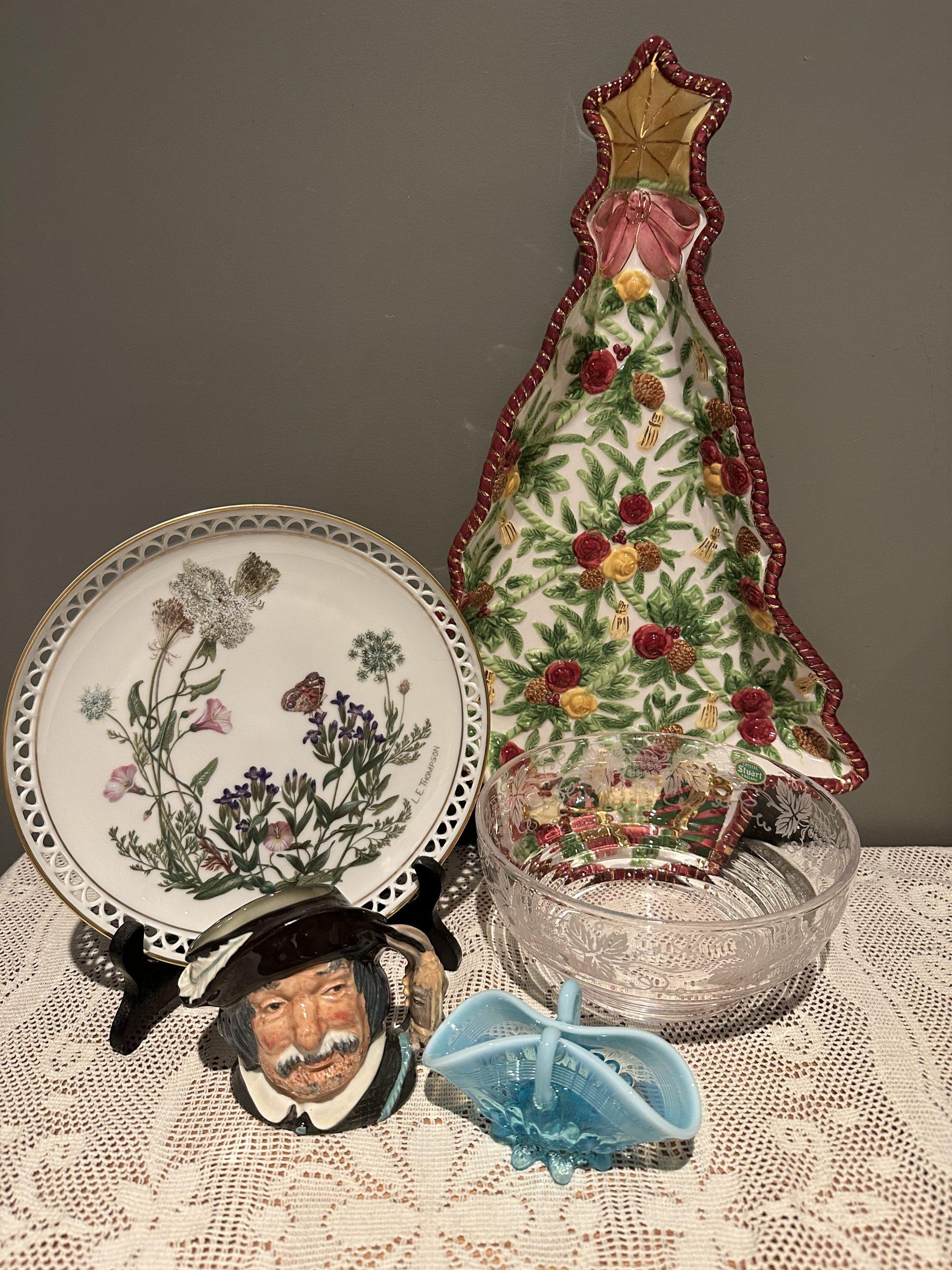 Sneak Peek For The Week – Royal Albert Xmas Tray, Another Lovely Bing And Grondahl Floral Plate, Royal Doulton Sancho Panza Small Character Jug, Stuart Crystal Small Serving Bowl, Davidson Blue Pearline Miniature Basket