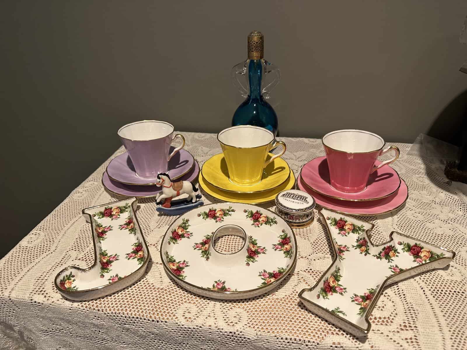 Sneak Peek For The Week – Royal Copenhagen Mini Collection Rocking Horse, Royal Albert Old Country Roses JOY Christmas Bonbon Dishes, Adderley Harlequin Set Of Three Trios, Chatsworth House Trinket Box, Vintage French Blue Cased Glass Perfume Bottle With Gilt Metal Top