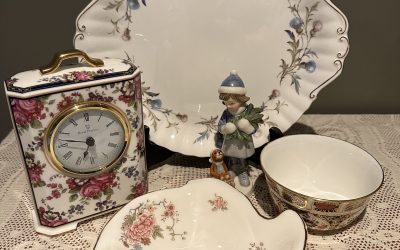 Sneak Peek For The Week – Royal Doulton Canton Tray and Centennial Rose Clock, Royal Copenhagen Christmas Figurine, Royal Albert Brigadoon Cake Plate, Royal Crown Derby Old Imari Sugar Bowl