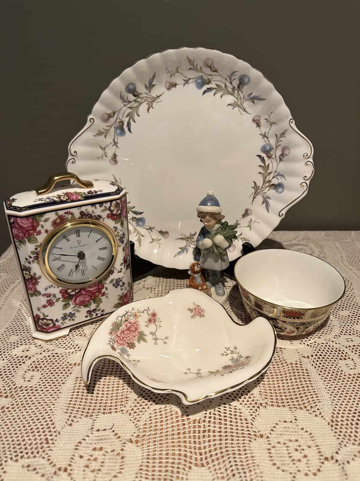 Sneak Peek For The Week – Royal Doulton Canton Tray and Centennial Rose Clock, Royal Copenhagen Christmas Figurine, Royal Albert Brigadoon Cake Plate, Royal Crown Derby Old Imari Sugar Bowl