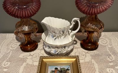 Sneak Peek For The Week – Royal Albert Brigadoon Sugar And Creamer, Antique Pair Of Jack In The pulpit Opalescent Vases, Limoges Hand Painted Framed Ceramic Art Work