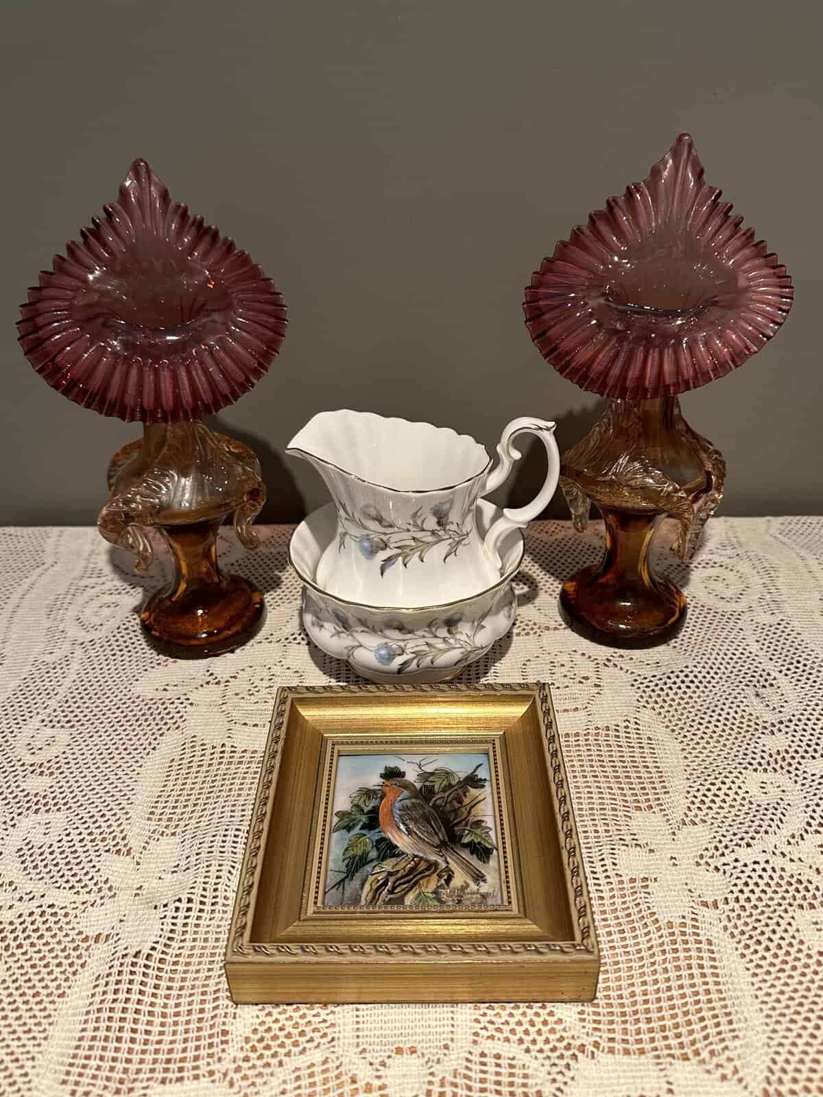 Sneak Peek For The Week – Royal Albert Brigadoon Sugar And Creamer, Antique Pair Of Jack In The pulpit Opalescent Vases, Limoges Hand Painted Framed Ceramic Art Work