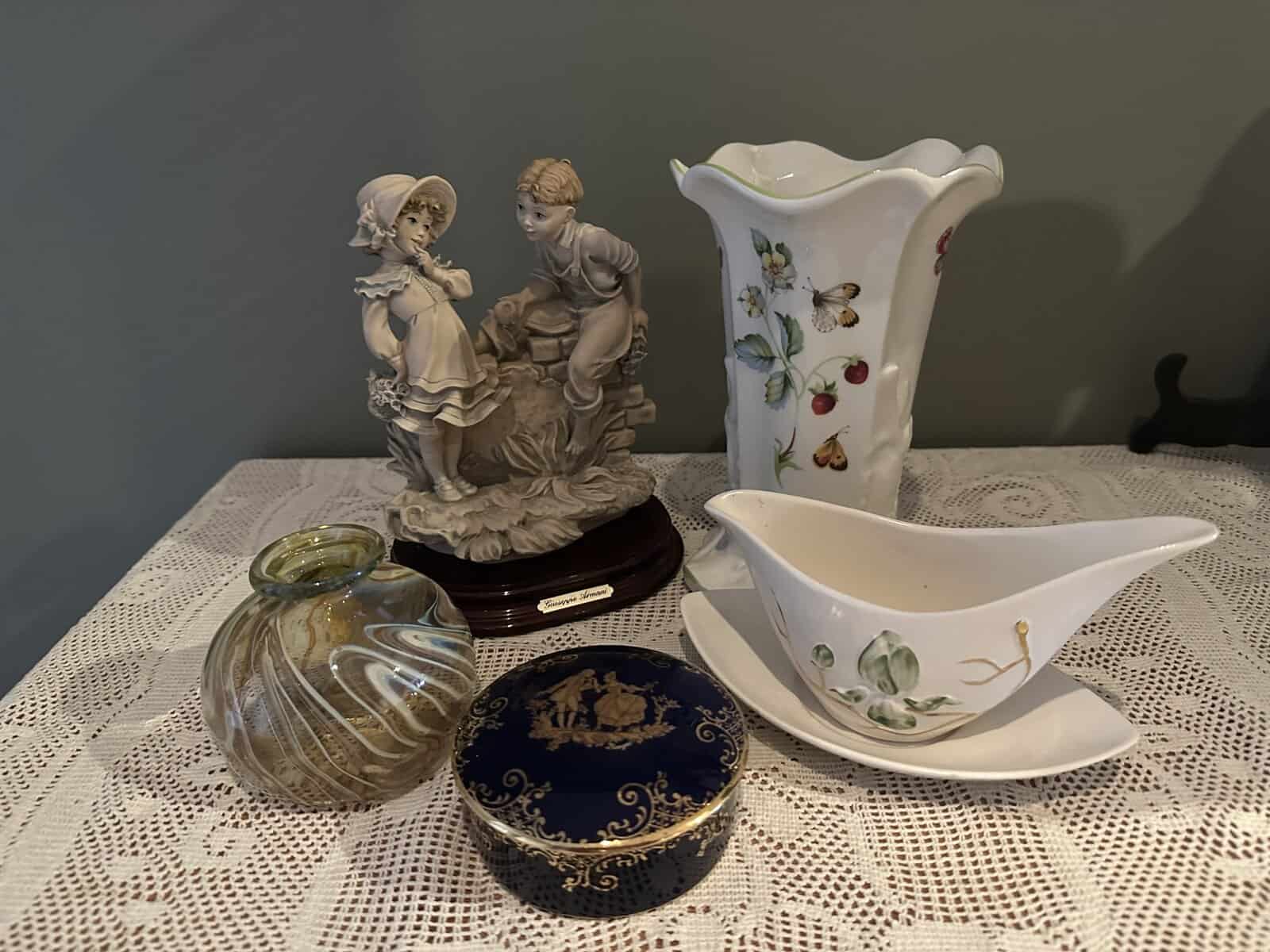Sneak Peek For The Week – James Kent Strawberry Vase, Giuseppe Armani Figurine, Rob Knottenbelt Hand Blown Art Glass Vase, Limoges Courting Couple Trinket Bowl, Carlton Ware Magnolia Sauce Jug And Plate