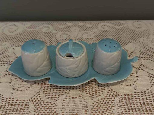 Vintage Carlton Ware Cruet Set And Under Plate - Leaf Pattern In Blue