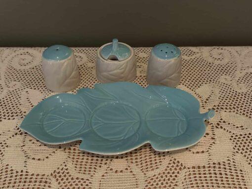 Vintage Carlton Ware Cruet Set And Under Plate - Leaf Pattern In Blue - Image 2