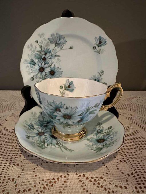 Stunning Royal Albert Vintage Trio - Aqua Blue With Daisies And Gilt Trim