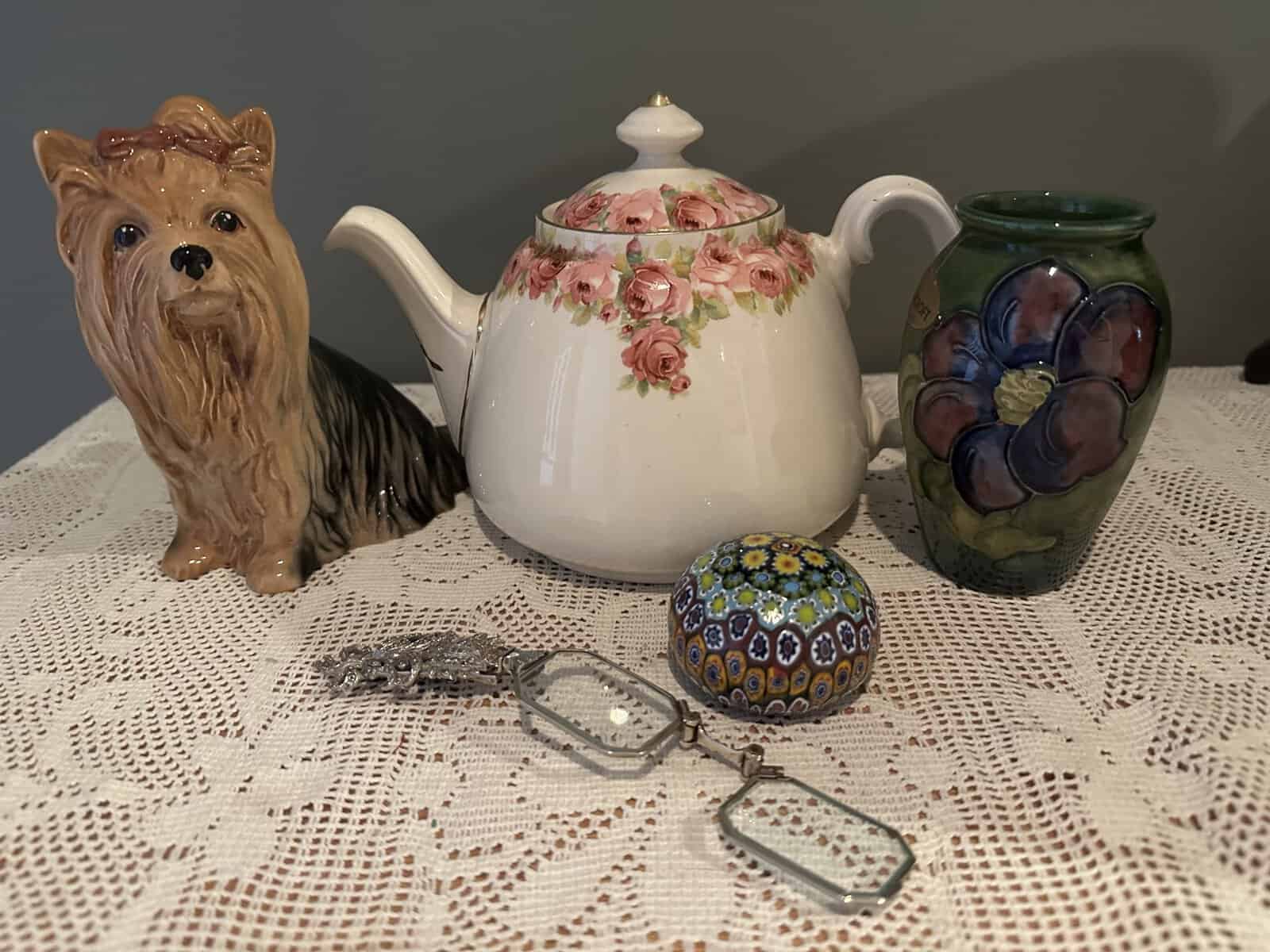 Sneak Peek For The Week – Sylvac Yorkshire Terrier Figurine, Art Deco Marcasite Lorgnette, Moorcroft Clematis Vase, Royal Doulton Raby Rose Teapot, Murano Satin Millefiori Paperweight