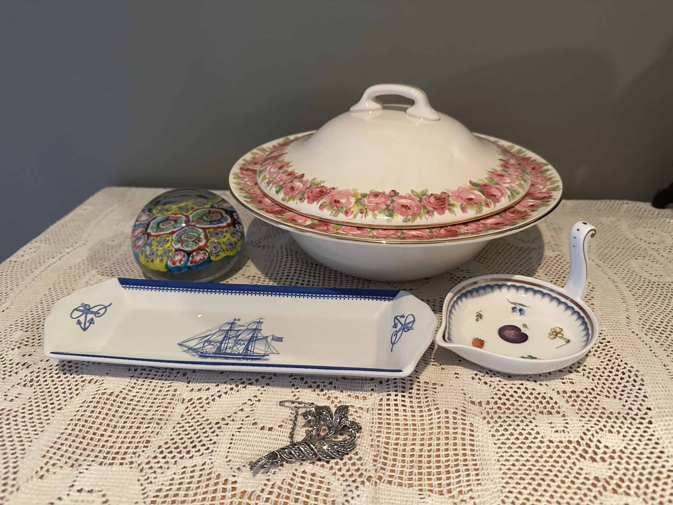 Sneak Peek For The Week – Vintage German Sterling Silver Marcasite Brooch, Spode Blue Clipper Pen Tray, Royal Doulton Large Raby Rose Tureen, Stunning Millefiori Paperweight, Richard Ginori Italian Fruits Ring Holder
