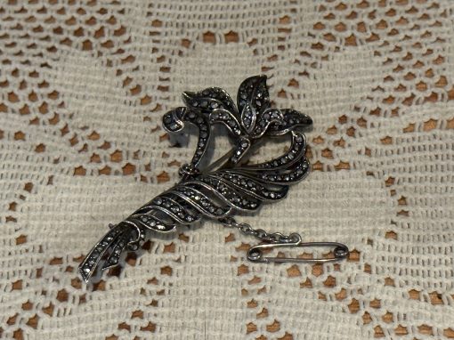 Vintage German Sterling Silver Marcasite Brooch With Safety Chain