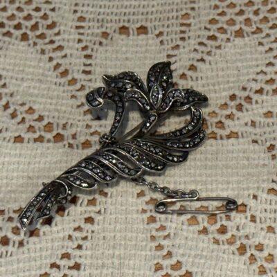 Vintage German Sterling Silver Marcasite Brooch With Safety Chain