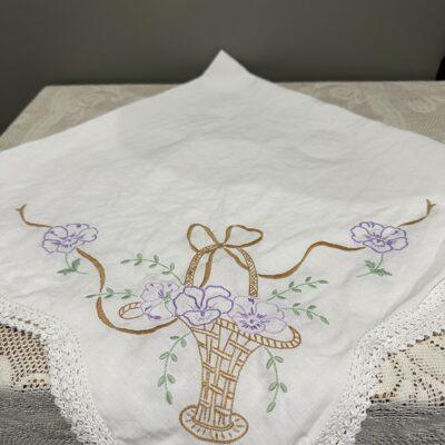 Stunning Vintage Hand Embroidered Tea Cloth - Baskets Of Pansies - 86 x 86cm