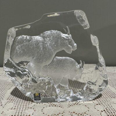 Large Mats Jonasson Crystal Ice Sculpture - Mountain Goats - Signed