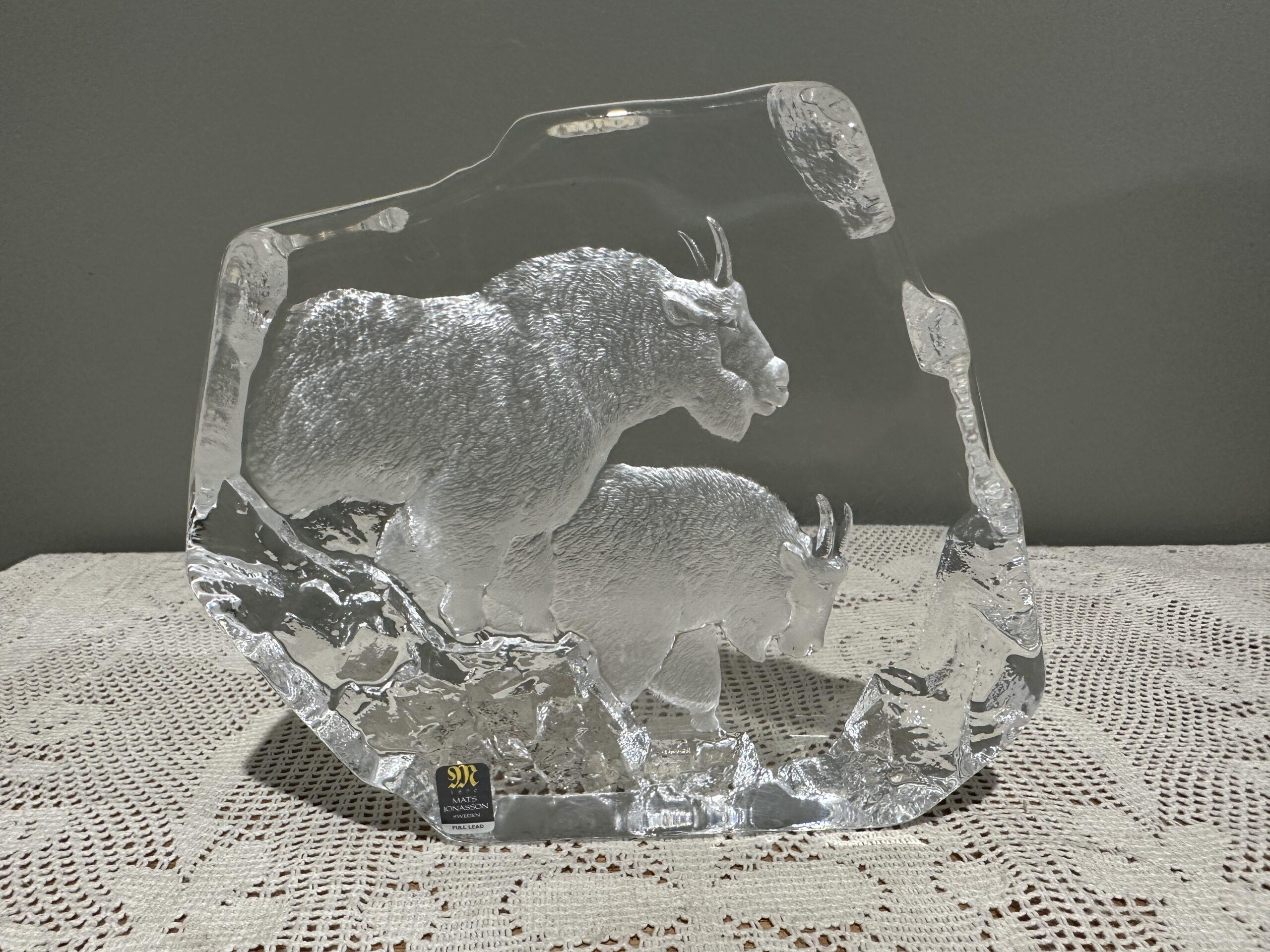 Large Mats Jonasson Crystal Ice Sculpture - Mountain Goats - Signed