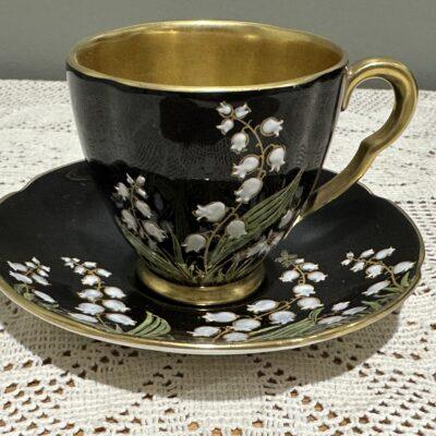 Rare Carlton Ware Demitasse Duo - Noire Royale - Lily Of The Valley - Heavily gilt