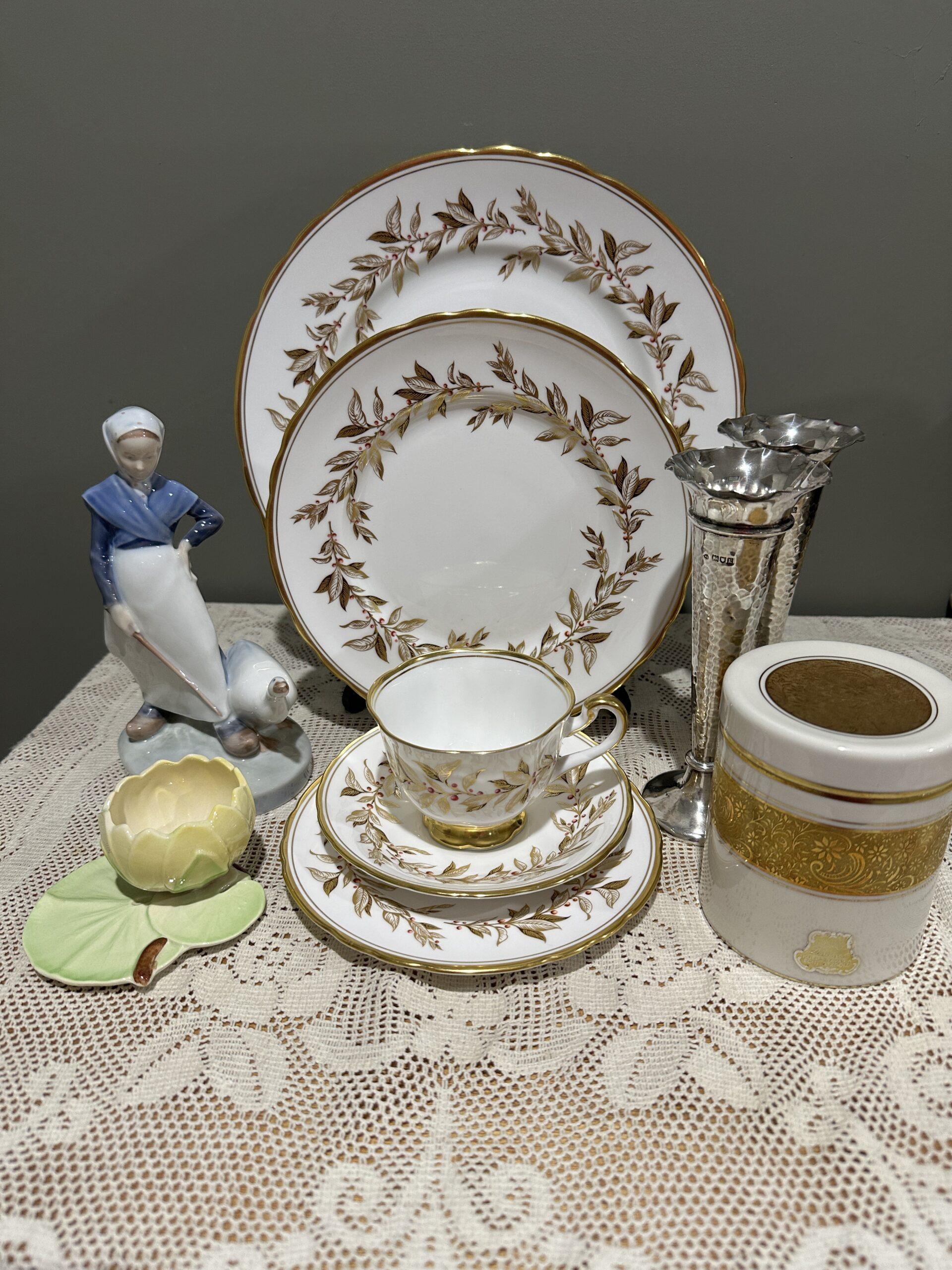 Sneak Peek For The Week – Antique Sterling Silver Vases, Royal Chelsea Single Five Place Setting, Royal Copenhagen Goose Girl Figurine, Lindner Heavily Gilt Utility Pot, Carlton Ware Waterlily Posy Vase