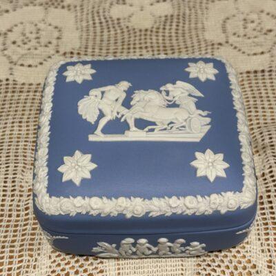 Large Wedgwood Jasperware Square Trinket Box - White On Blue
