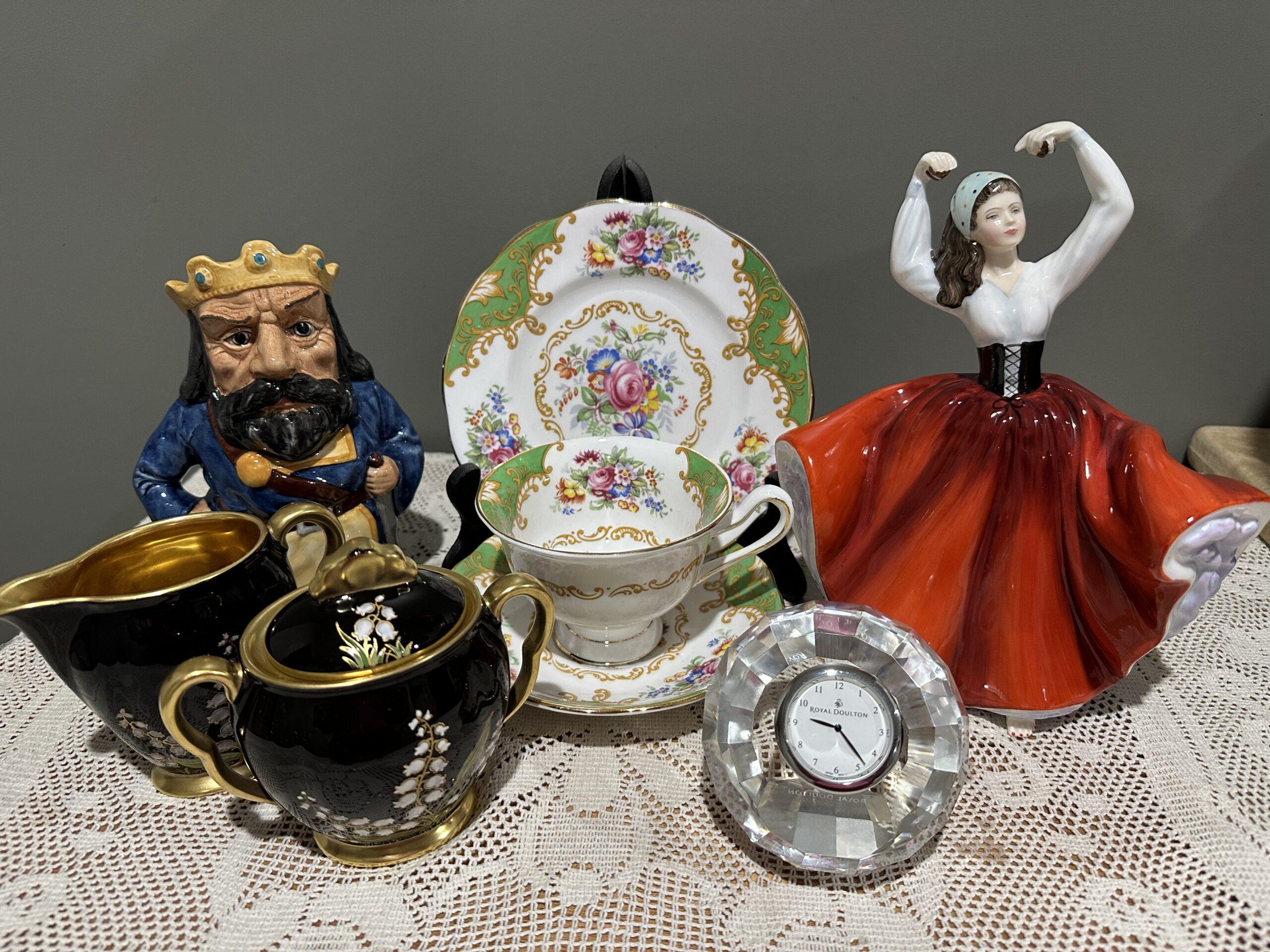 Sneak Peek For The Week – Royal Doulton Karen Figurine, Royal Albert Albany Green Trio, Manor Medieval King Character Jug, Carlton Ware Noire Royal Lily Of The Valley Sugar And Creamer, Royal Doulton Crystal Clock