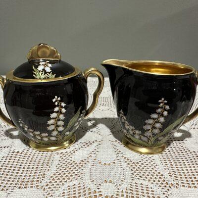 Rare Carlton Ware Sugar And Creamer - Noire Royale - Lily Of The Valley - Heavily gilt