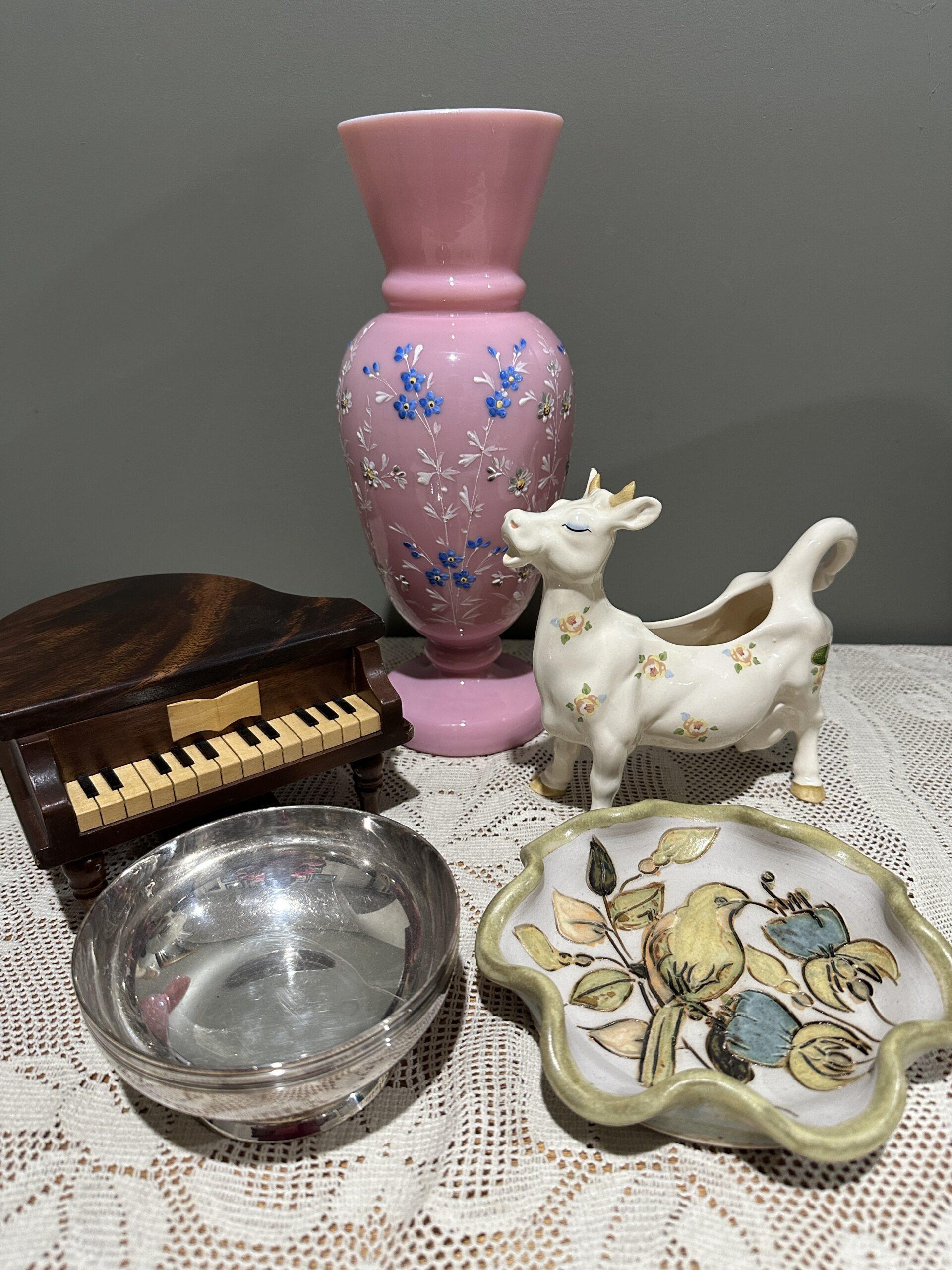 Sneak Peek For The Week – Antique Victorian Pink Opaline Glass Vase, Rare Beswick Daisy The Cow Creamer, Springmount Pottery Honey Eater Ruffled Dish, Christofle France Silver Plated Small Bowl, Vintage Sankyo Japan Small Hand Made Wooden Piano Music Box