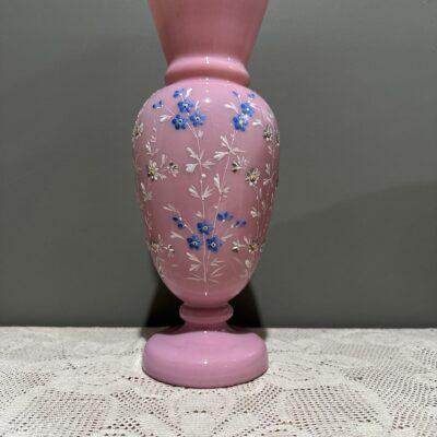 Stunning Antique Victorian Pink Opaline Vase With Hand Applied Enamel Flowers
