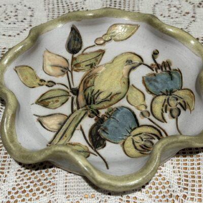 Springmount Pottery Hand Thrown And Decorated Ruffled Bowl - Honey Eater On Fuchsia