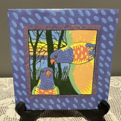 Stunning Barbara Swarbrick Hand Made And Hand Painted Rainbow Lorikeets Tile