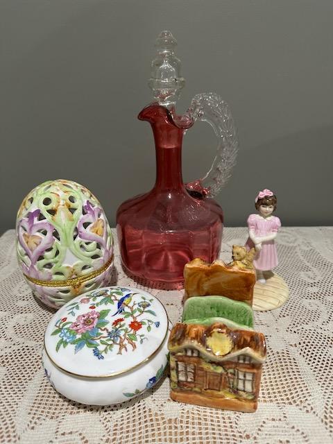 Sneak Peek For The Week – Price Brothers Cottage Ware Toast Rack, Royal Doulton Sugar And Spice Figurine, Aynsley Pembroke Trinket Box, Hand Blown Victorian Cranberry Glass Decanter, Villeroy Boch large Egg Shaped Trinket Box