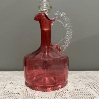 Antique Victorian Hand Blown Cranberry Glass Decanter With Clear Handle And Stopper