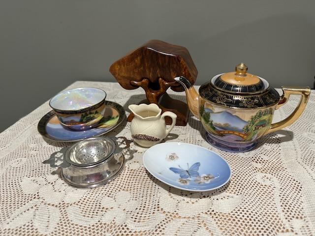 Sneak Peek For The Week – Tree Shaped Wooden Puzzle / Trinket Box, Vintage Lustre Ware Teapot With Cup And Saucer, Silver Plated Tea Strainer With Stand, Royal Copenhagen Butterfly Trinket Dish, Rose Noble Pottery Miniature Jug