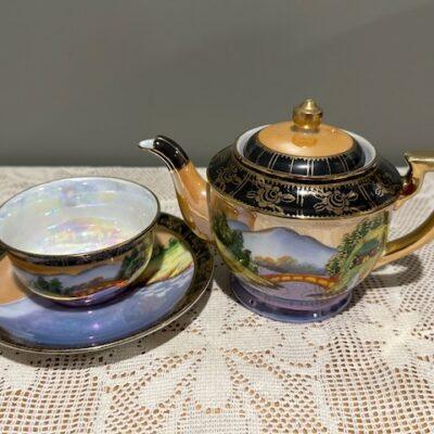 Vintage Chikaramachi (Noritake) Lustre Ware Small Teapot With Matching Tea Bowl And Saucer