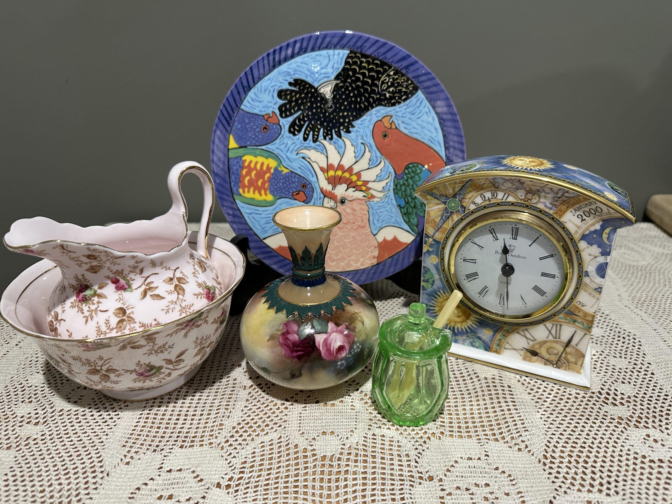 Sneak Peek For The Week – Tuscan Rosalie Large Sugar And Creamer Set, Art Deco Uranium Glass Mustard Pot, Royal Worcester Hadley Ware Miniature Vase, Barbara Swarbrick Australian Birds Tile, Wedgwood Millennium Small Mantle Clock