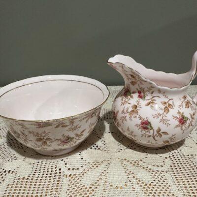 Vintage Tuscan Large Sized Sugar Bowl And Creamer - Rosalie Pattern - Rosebuds On Pink