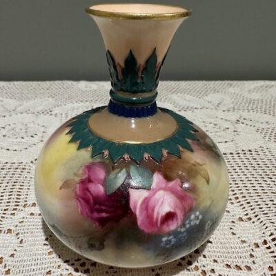 Antique Royal Worcester Hadley Ware Miniature Vase - Hand Painted Hadley Roses - 1907