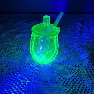 Tiny Stolzle Art Deco Uranium Glass Mustard Pot With Bakelite Spatula - Fabulous Glow