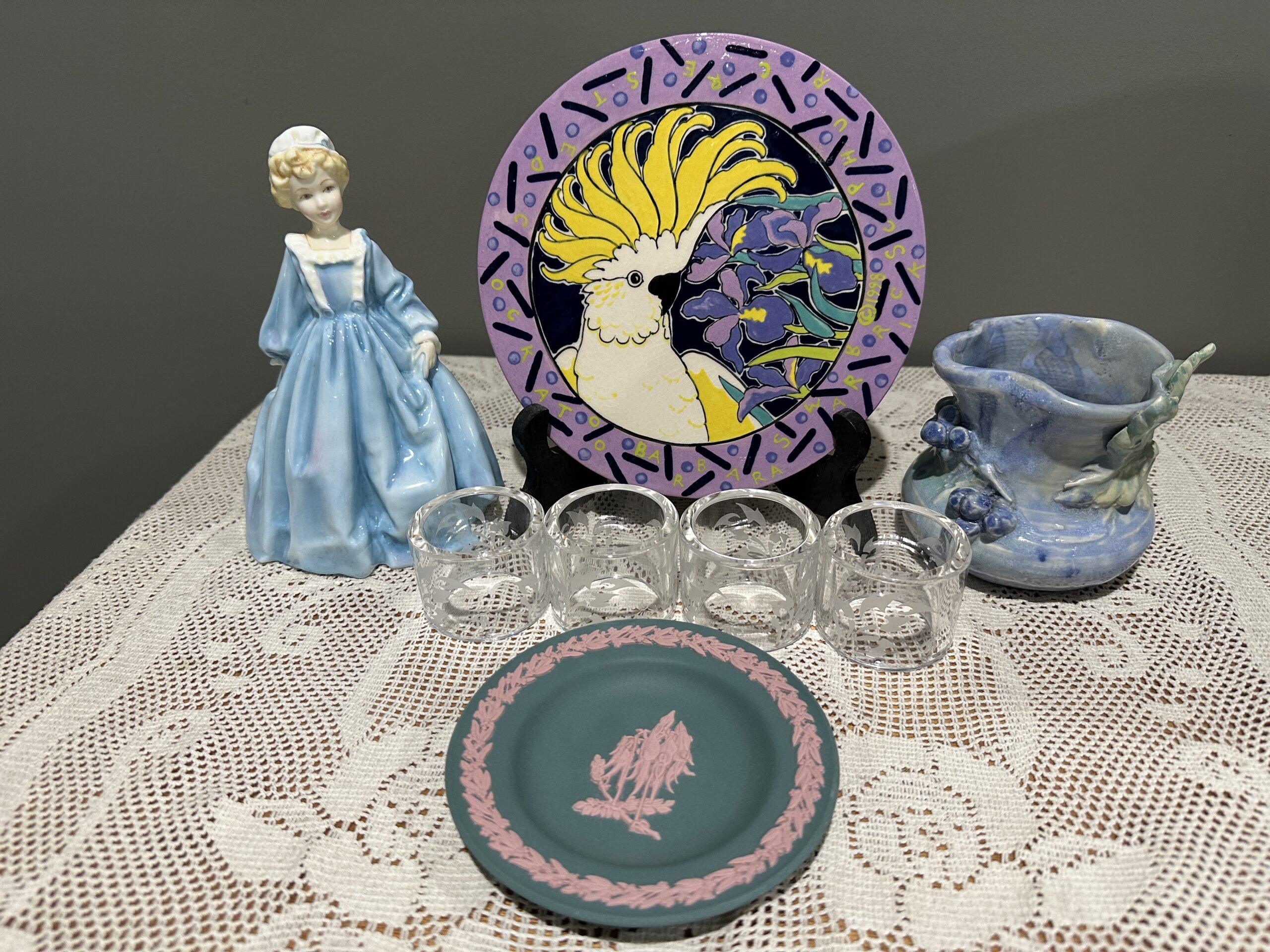 Sneak Peek For The Week – Wedgwood Pink On Teal Sturt Desert Pea Small Tray, Royal Doulton Crystal Napkin Rings, John Castle Harris Australian Pottery Posy Vase, Royal Worcester Grandmothers Dress Figurine, Barbara Swarbrick Cockatoo Tile