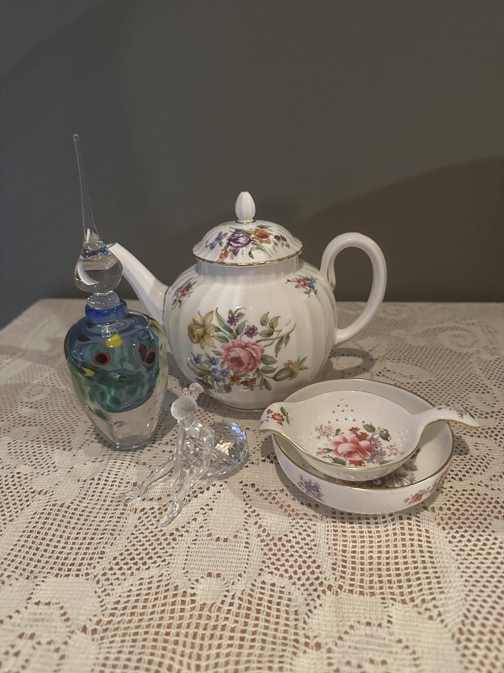 Sneak Peek For The Week –  Swarovski Crystal Young Ballerina Figurine, Royal Crown Derby Tea Strainer And Bowl, Royal Worcester Roanoke Teapot, Hand Blown Art Glass Perfume Bottle
