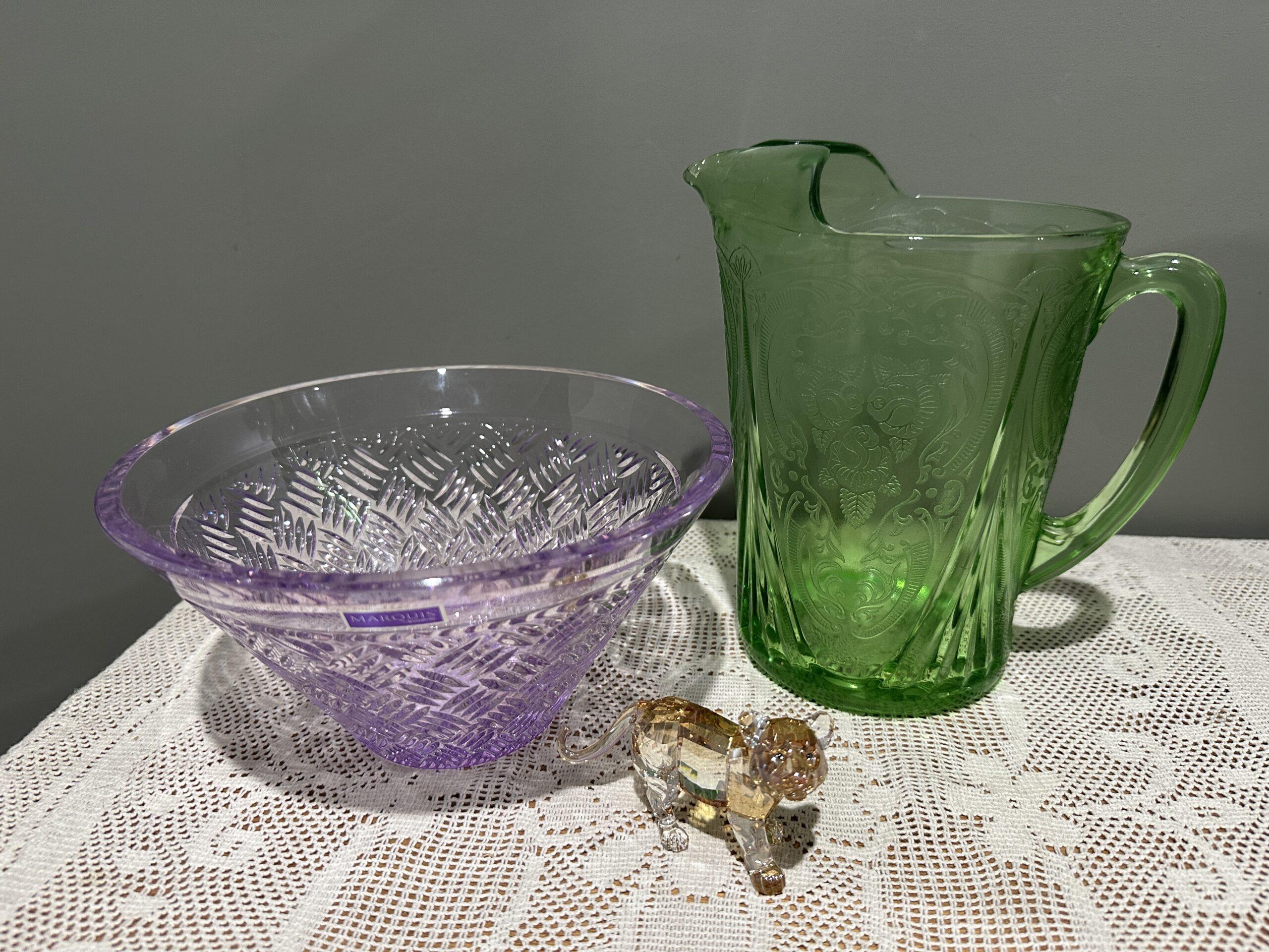 Sneak Peek For The Week – Hazel Atlas Royal Lace Uranium Glass Jug, Swarovski Crystal Standing Tiger Cub Figurine, Marquis By Waterford Confetti Bowl In Purple