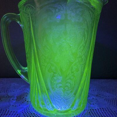 Art Deco Hazel Atlas Large Uranium Glass Jug - Royal Lace Pattern