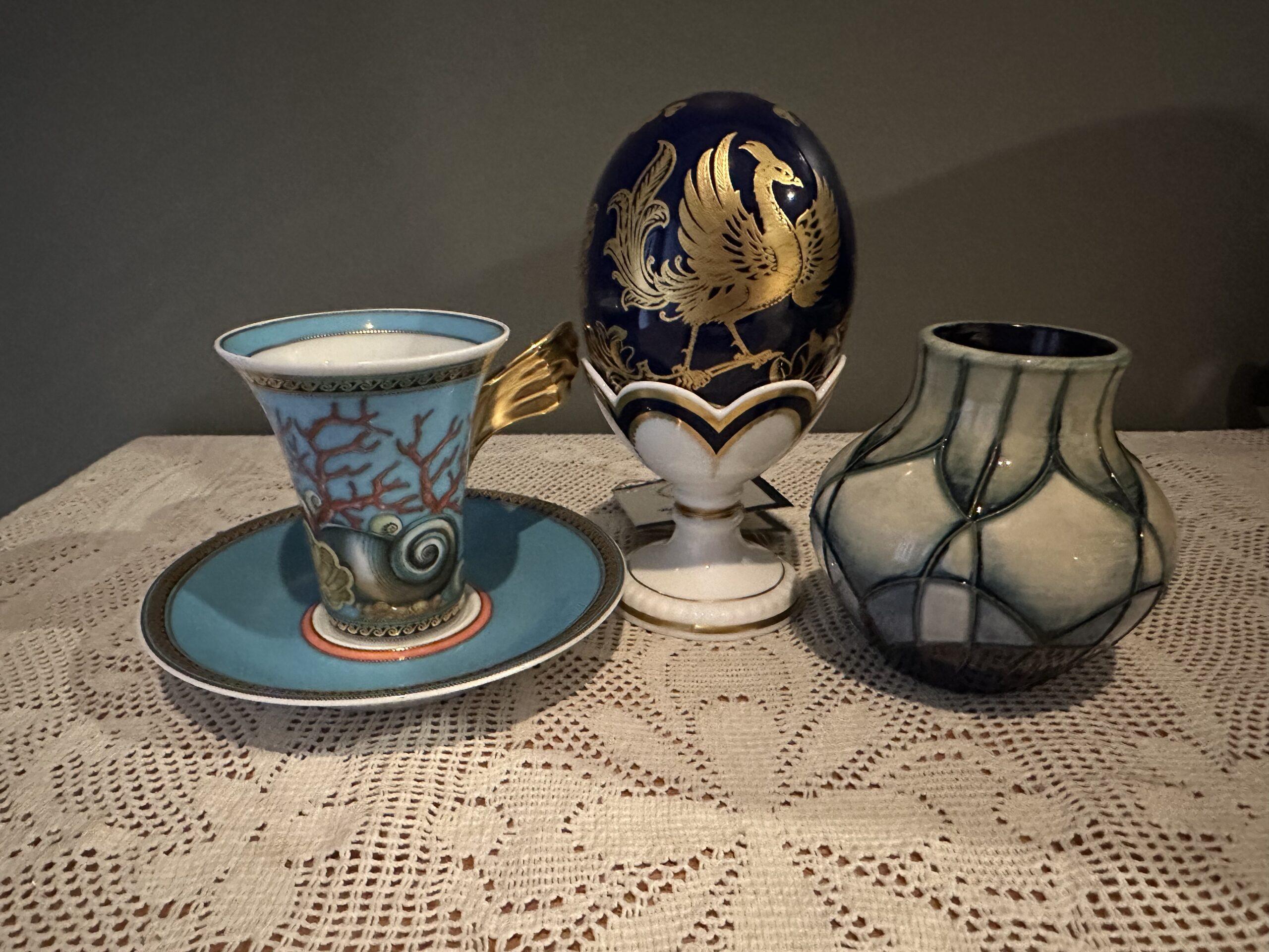 Sneak Peek For The Week – Royal Crown Derby Birds Of Paradise Cobalt Egg, Moorcroft Indigo Squat Vase, Rosenthal For Versace Les Tresors De La Mer Demitasse Cup And Saucer