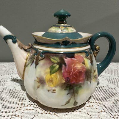 Very Rare Antique Royal Worcester Hadley Ware Small Teapot - Hand Painted Hadley Roses - 1905