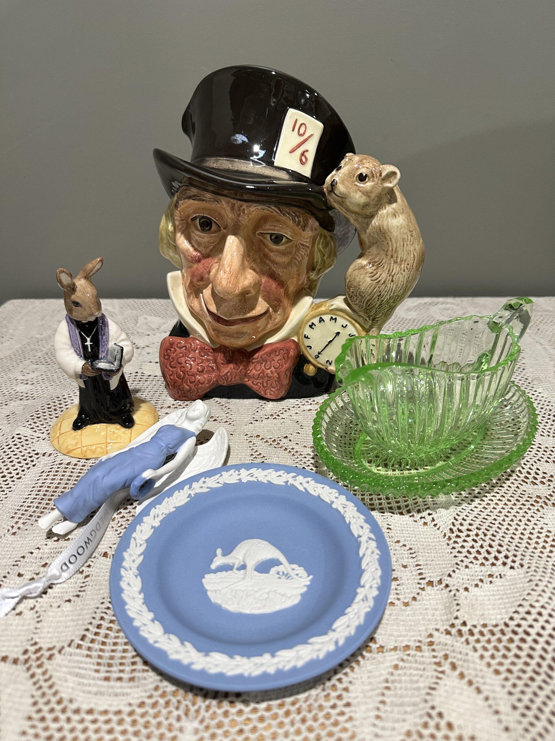 Sneak Peek For The Week – Royal Doulton Mad Hatter Character Jug, Wedgwood Kangaroo Small Dish, Uranium Glass Sauce Jug And Under Plate, Royal Doulton Bunnykins Vicar Figurine, Wedgwood Angel Christmas Bauble